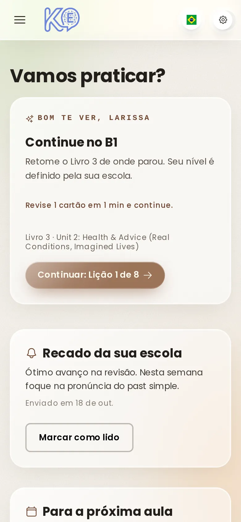 Página inicial de uma aluna, com o recado da escola e a atividade com prazo, no celular