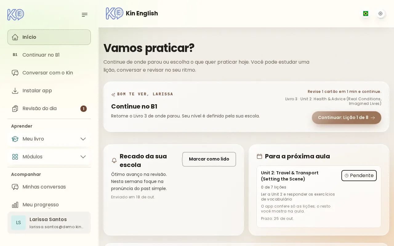 Página inicial de uma aluna, com o recado da escola e a atividade com prazo