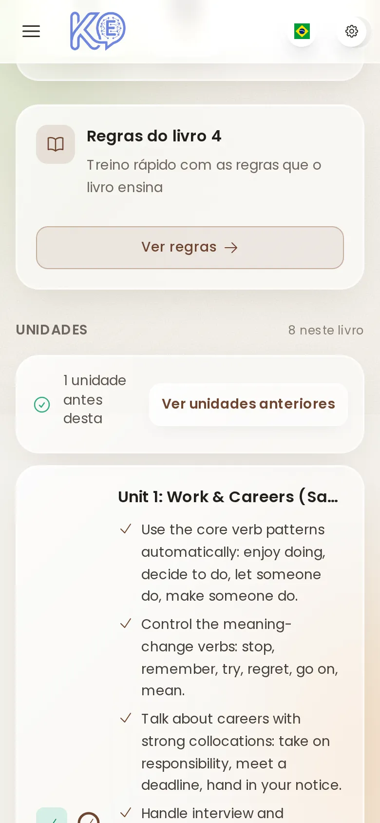 Unidades e exercícios por nível, no celular