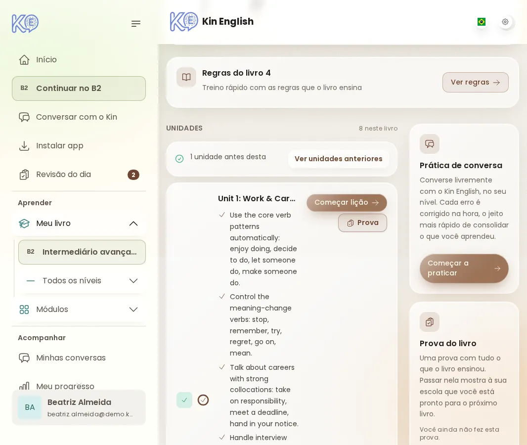 Unidades e exercícios por nível