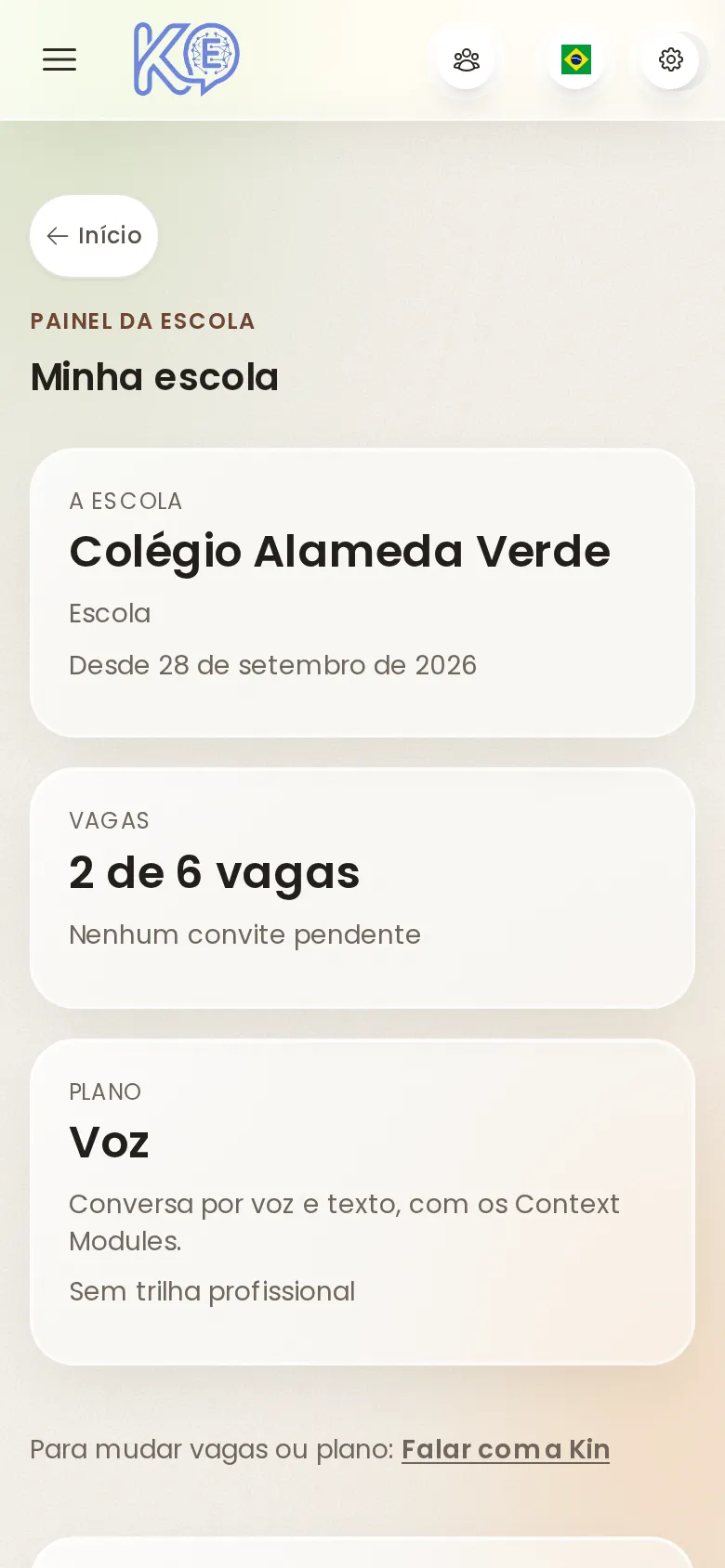 Minha escola: vagas ocupadas, plano contratado e professores da escola, no celular