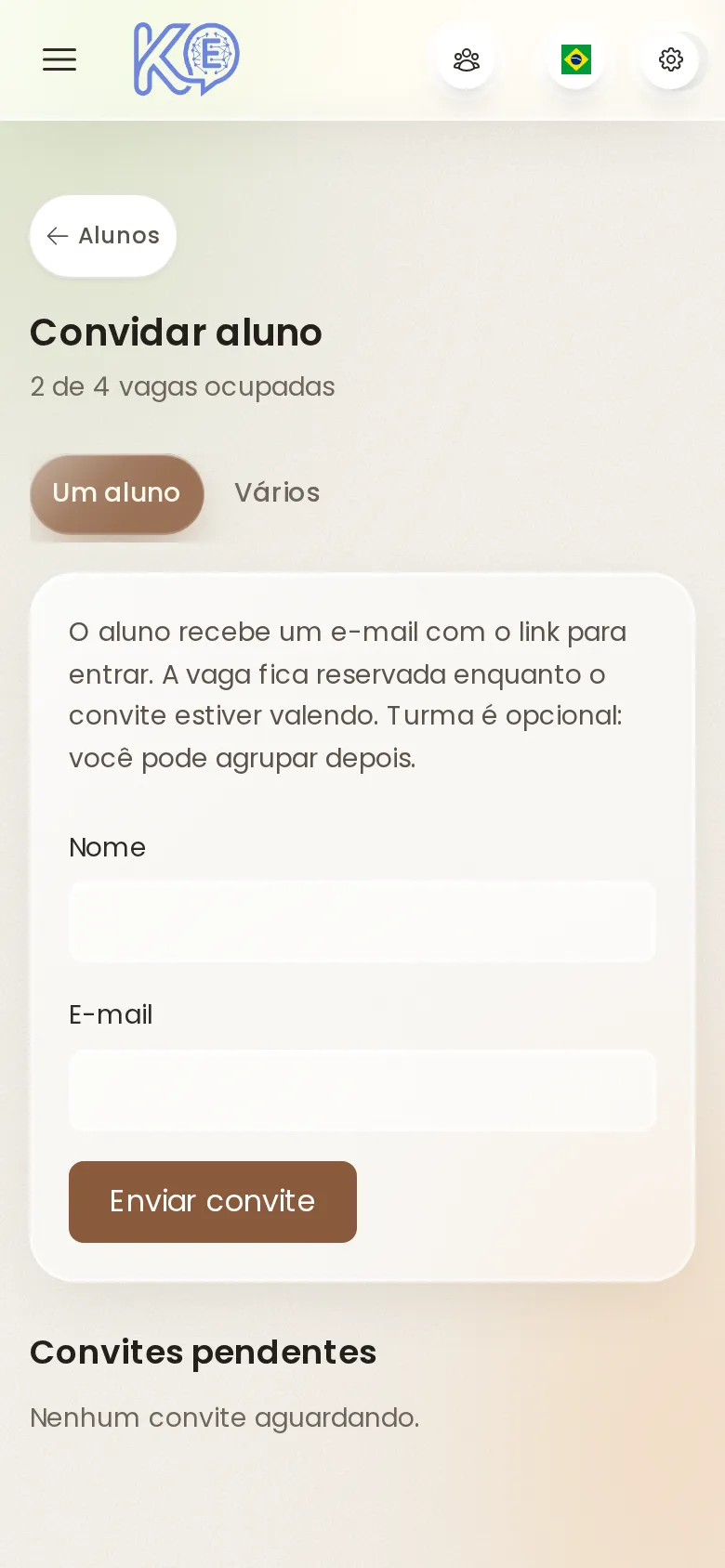 Tela de convite de alunos, com as vagas ocupadas, no celular