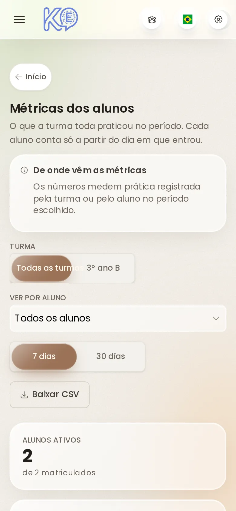 Métricas de prática dos alunos no período, no celular
